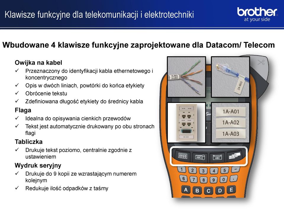 Zdefiniowana długość etykiety do średnicy kabla Idealna do opisywania cienkich przewodów Tekst jest automatycznie drukowany po obu stronach flagi