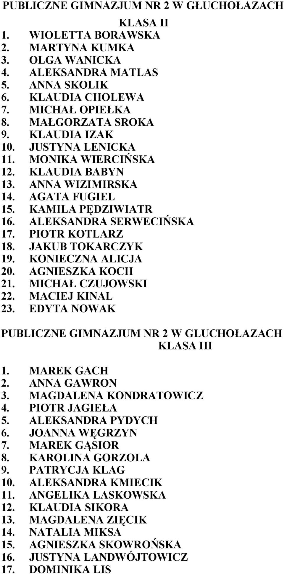 KONIECZNA ALICJA 20. AGNIESZKA KOCH 21. MICHAŁ CZUJOWSKI 22. MACIEJ KINAL 23. EDYTA NOWAK PUBLICZNE GIMNAZJUM NR 2 W GLUCHOŁAZACH KLASA III 1. MAREK GACH 2. ANNA GAWRON 3. MAGDALENA KONDRATOWICZ 4.