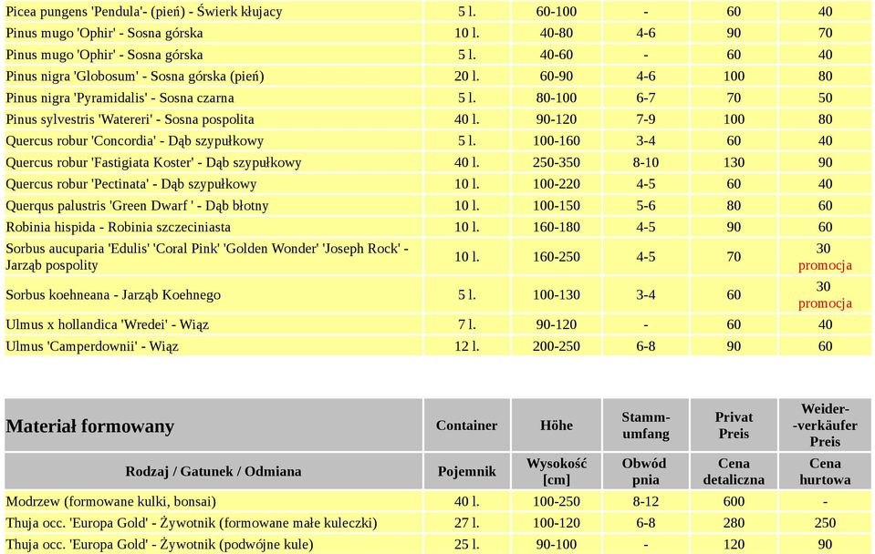 90-120 7-9 100 80 Quercus robur 'Concordia' - Dąb szypułkowy 5 l. 100-160 3-4 60 40 Quercus robur 'Fastigiata Koster' - Dąb szypułkowy 40 l.