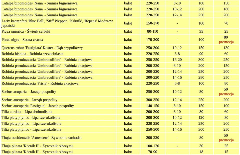 Sosna czarna balot 170-200 - 100 Quercus robur 'Fastigiata' Koster - Dąb szypułkowy balot 250-300 10-12 150 130 Robinia hispida - Robinia szczeciniasta balot 220-250 6-8 90 60 Robinia pseudoacacia