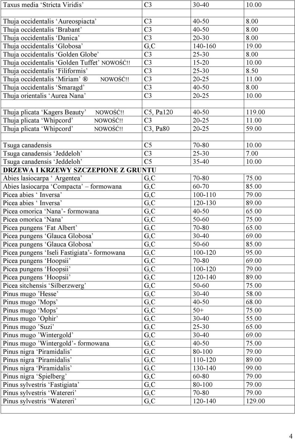 50 Thuja occidentalis Miriam NOWOŚĆ!! C3 20-25 11.00 Thuja occidentalis Smaragd C3 40-50 8.00 Thuja orientalis Aurea Nana C3 20-25 10.00 Thuja plicata Kagers Beauty NOWOŚĆ!! C5, Pa120 40-50 119.
