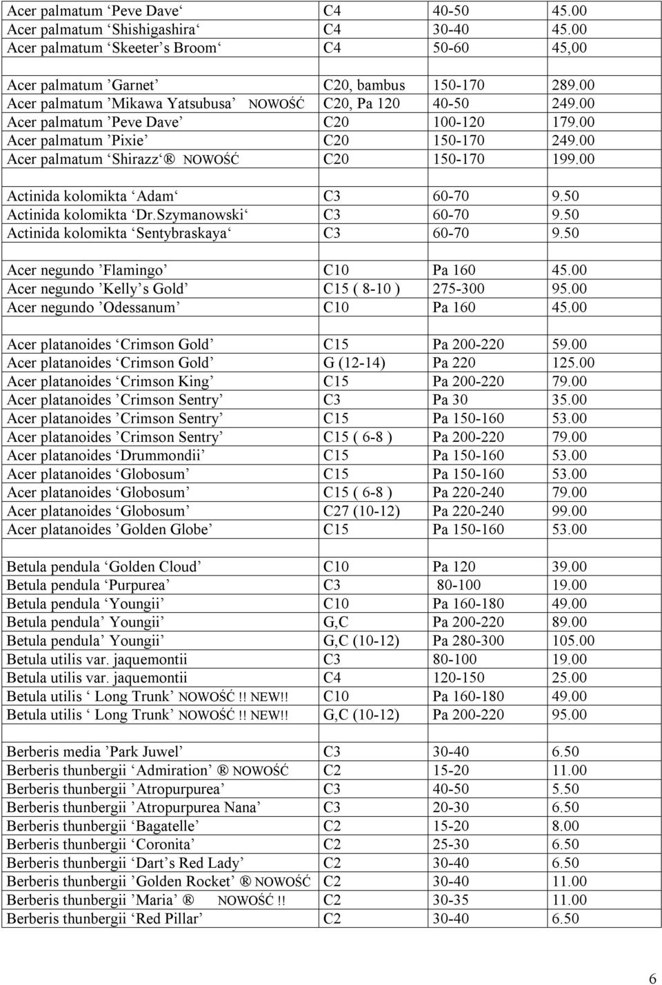 00 Actinida kolomikta Adam C3 60-70 9.50 Actinida kolomikta Dr.Szymanowski C3 60-70 9.50 Actinida kolomikta Sentybraskaya C3 60-70 9.50 Acer negundo Flamingo C10 Pa 160 45.