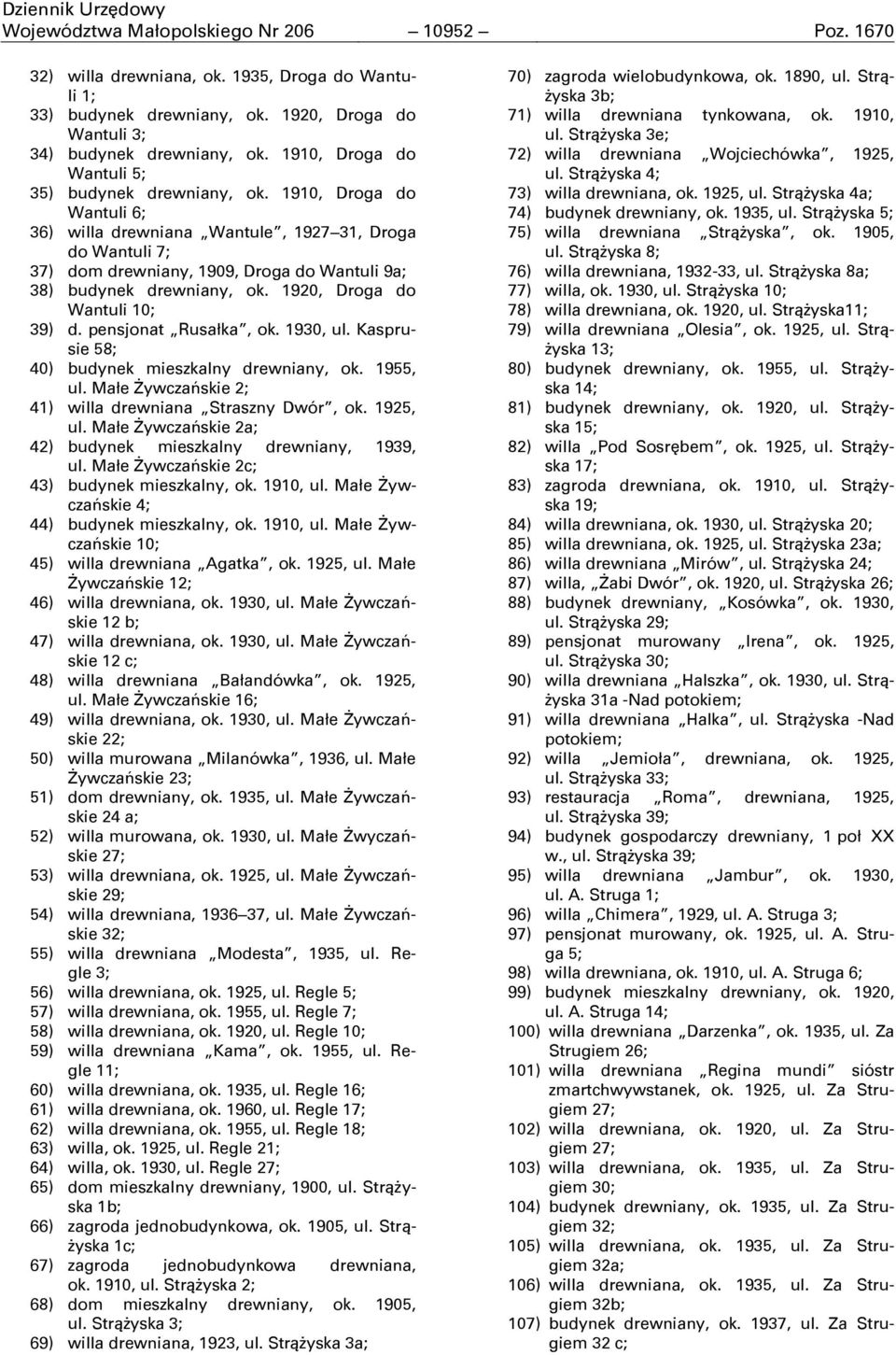 1910, Droga do Wantuli 6; 36) willa drewniana Wantule, 1927 31, Droga do Wantuli 7; 37) dom drewniany, 1909, Droga do Wantuli 9a; 38) budynek drewniany, ok. 1920, Droga do Wantuli 10; 39) d.