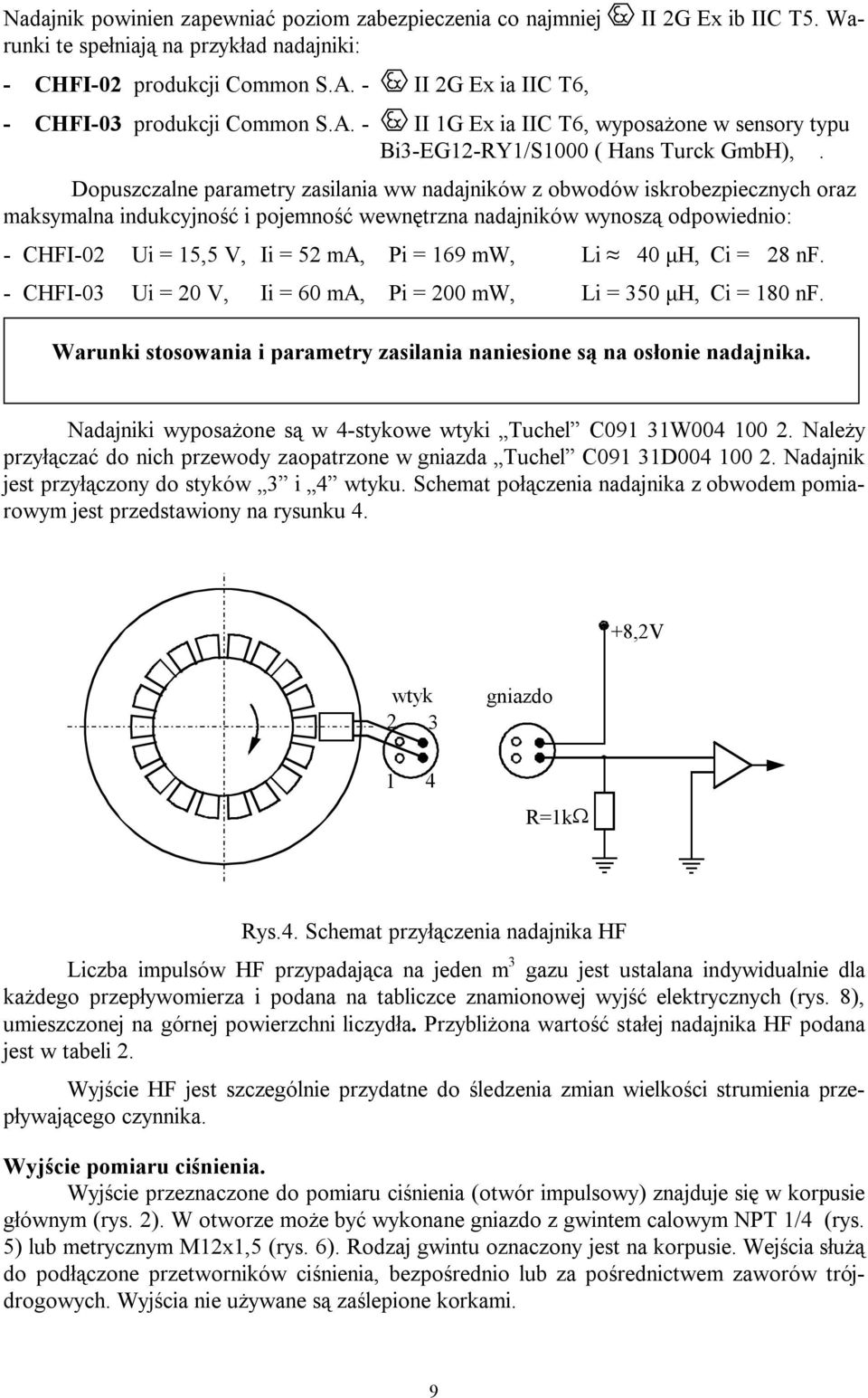 Dopuszczalne parametry zasilania ww nadajników z obwodów iskrobezpiecznych oraz maksymalna indukcyjność i pojemność wewnętrzna nadajników wynoszą odpowiednio: CHFI02 Ui = 15,5 V, Ii = 52 ma, Pi = 169