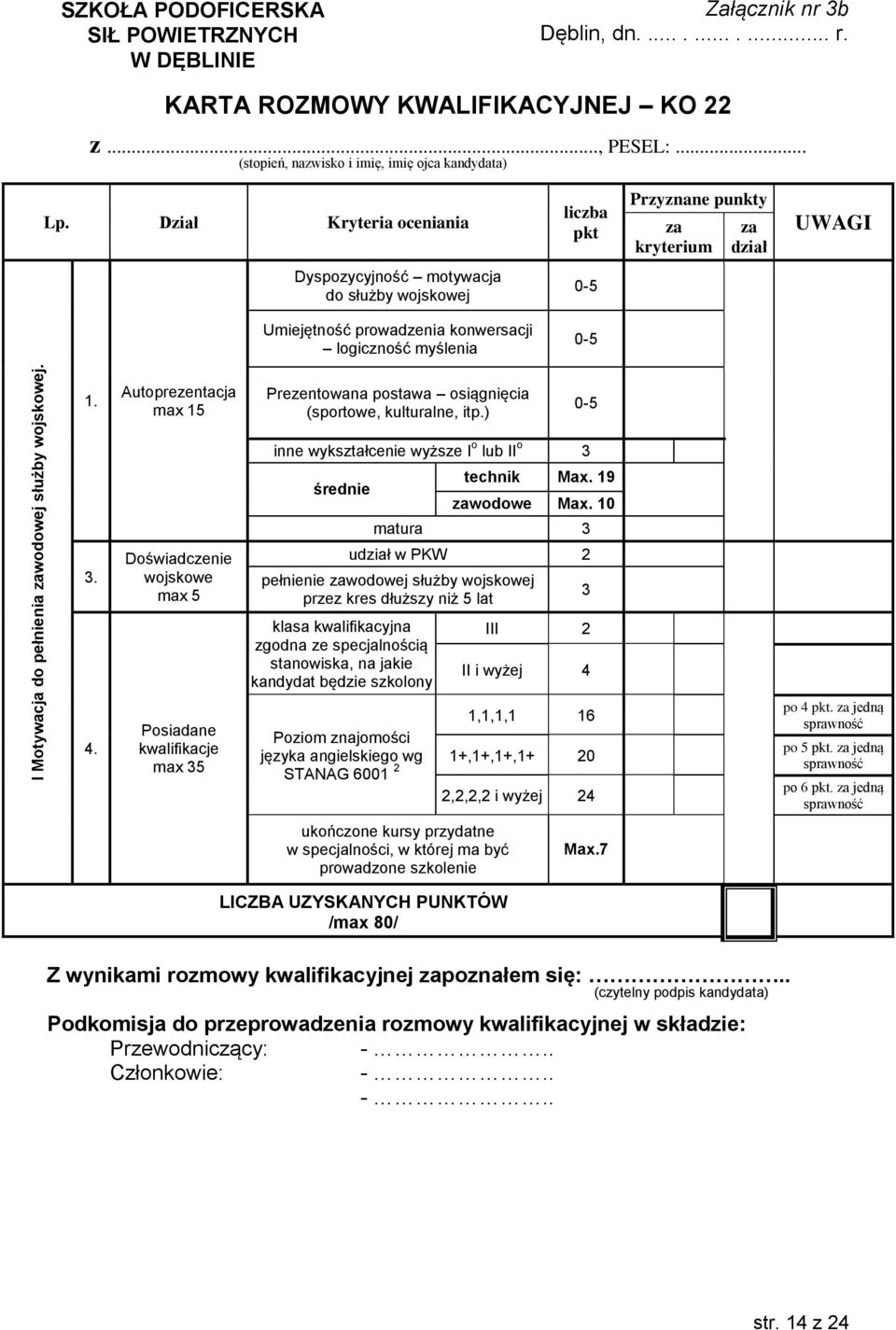 Dział Kryteria oceniania liczba pkt Przyznane punkty za kryterium za dział UWAGI Dyspozycyjność motywacja do służby wojskowej 0-5 Umiejętność prowadzenia konwersacji logiczność myślenia 0-5 1.