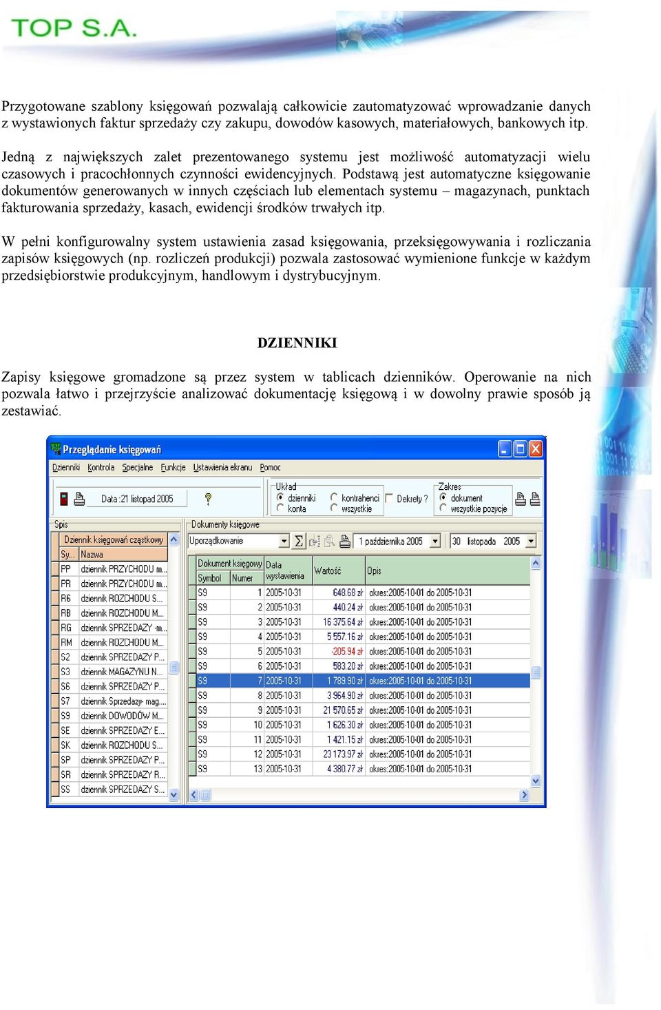 Podstawą jest automatyczne księgowanie dokumentów generowanych w innych częściach lub elementach systemu magazynach, punktach fakturowania sprzedaży, kasach, ewidencji środków trwałych itp.