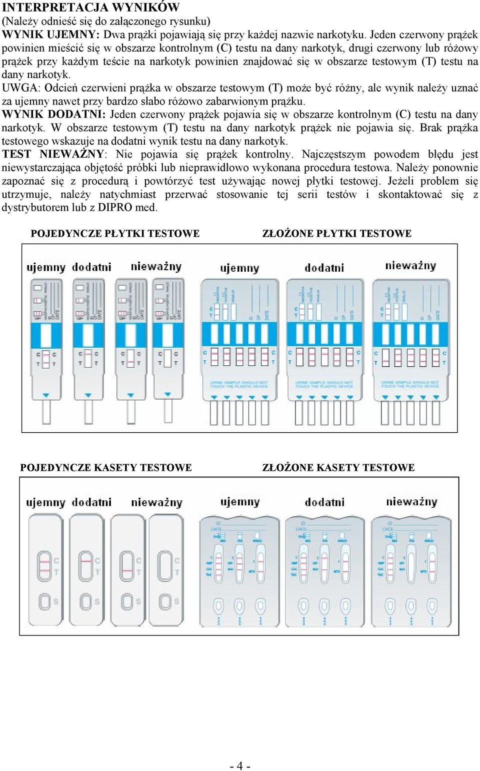 (T) testu na dany narkotyk. UWGA: Odcień czerwieni prążka w obszarze testowym (T) może być różny, ale wynik należy uznać za ujemny nawet przy bardzo słabo różowo zabarwionym prążku.