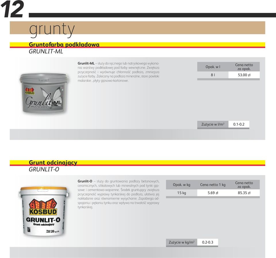 00 zł Zużycie w l/m 2 0.1-0.2 Grunt odcinający GRUNLIT-O Grunlit-O służy do gruntowania podłoży betonowych, ceramicznych, silikatowych lub mineralnych pod tynki gipsowe i cementowo-wapienne.