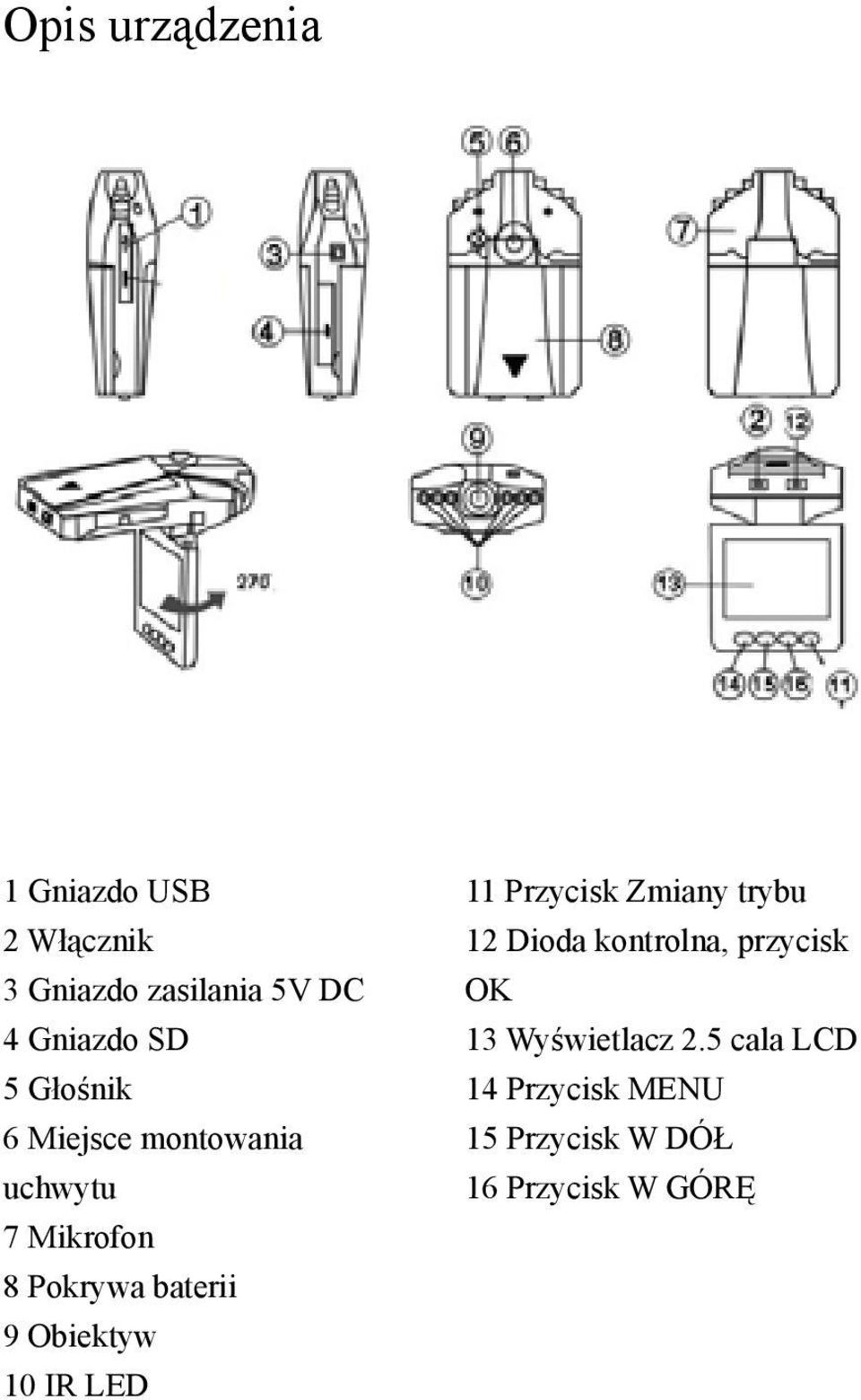 Obiektyw 10 IR LED 11 Przycisk Zmiany trybu 12 Dioda kontrolna, przycisk OK