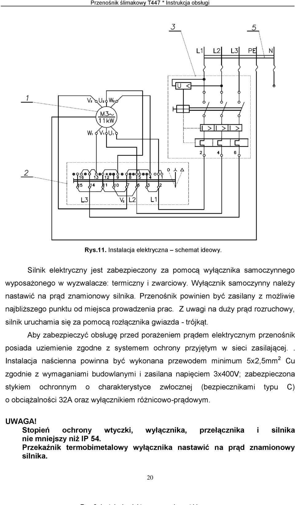 Przenośnik powinien być zasilany z możliwie najbliższego punktu od miejsca prowadzenia prac. Z uwagi na duży prąd rozruchowy, silnik uruchamia się za pomocą rozłącznika gwiazda - trójkąt.