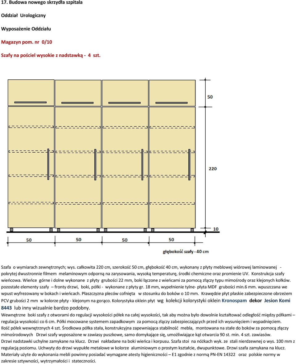 chemiczne oraz promienie UV. Konstrukcja szafy wieńcowa. Wieńce górne i dolne wykonane z płyty grubości 22 mm, boki łączone z wieńcami za pomocą złączy typu mimośrody oraz klejonych kołków.