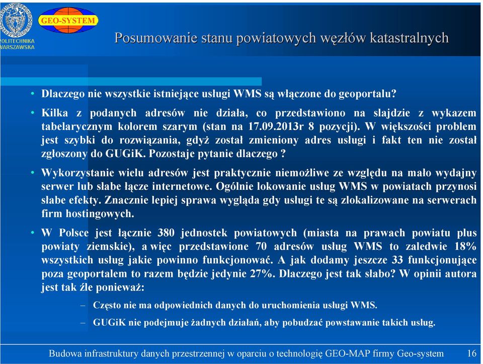 W większości problem jest szybki do rozwiązania, gdyż został zmieniony adres usługi i fakt ten nie został zgłoszony do GUGiK. Pozostaje pytanie dlaczego?
