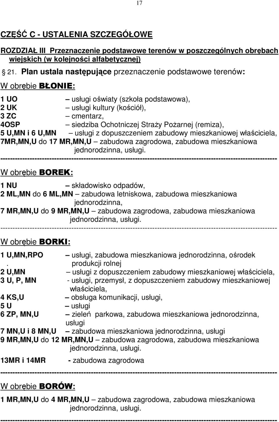 PoŜarnej (remiza), 5 U,MN i 6 U,MN usługi z dopuszczeniem zabudowy mieszkaniowej właściciela, 7MR,MN,U do 17 MR,MN,U zabudowa zagrodowa, zabudowa mieszkaniowa