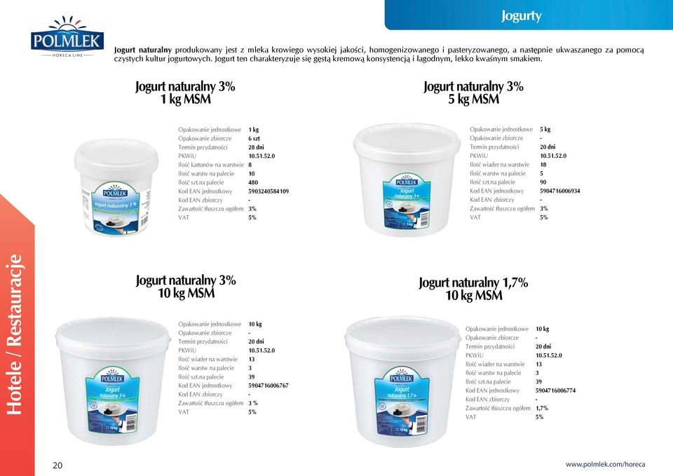 Jogurt naturalny 3% 1 kg MSM Jogurt naturalny 3% 5 kg MSM Opakowanie jednostkowe 1 kg Opakowanie zbiorcze 6 szt Termin przydatności 28 dni PKWiU 10.51.52.