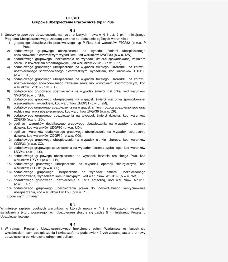 w.u. NW), 3) dodatkowego grupowego na wypadek śmierci spowodowanej zawałem serca lub krwotokiem, kod warunków ZZGP32 (o.w.u. ZZ), 4) dodatkowego grupowego na wypadek trwałego ubezpieczonego spowodowanego, kod warunków TUGP30 (o.