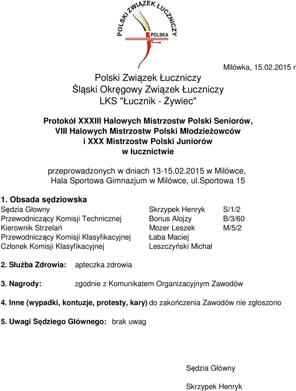Obsada sędziowska Sędzia Głowny Skrzypek Henryk S// Przewodniczący Komisji Technicznej Bonus Alojzy B/3/ Kierownik Strzelań Mozer Leszek M// Przewodniczący Komisji Klasyfikacyjnej Łaba Maciej Członek