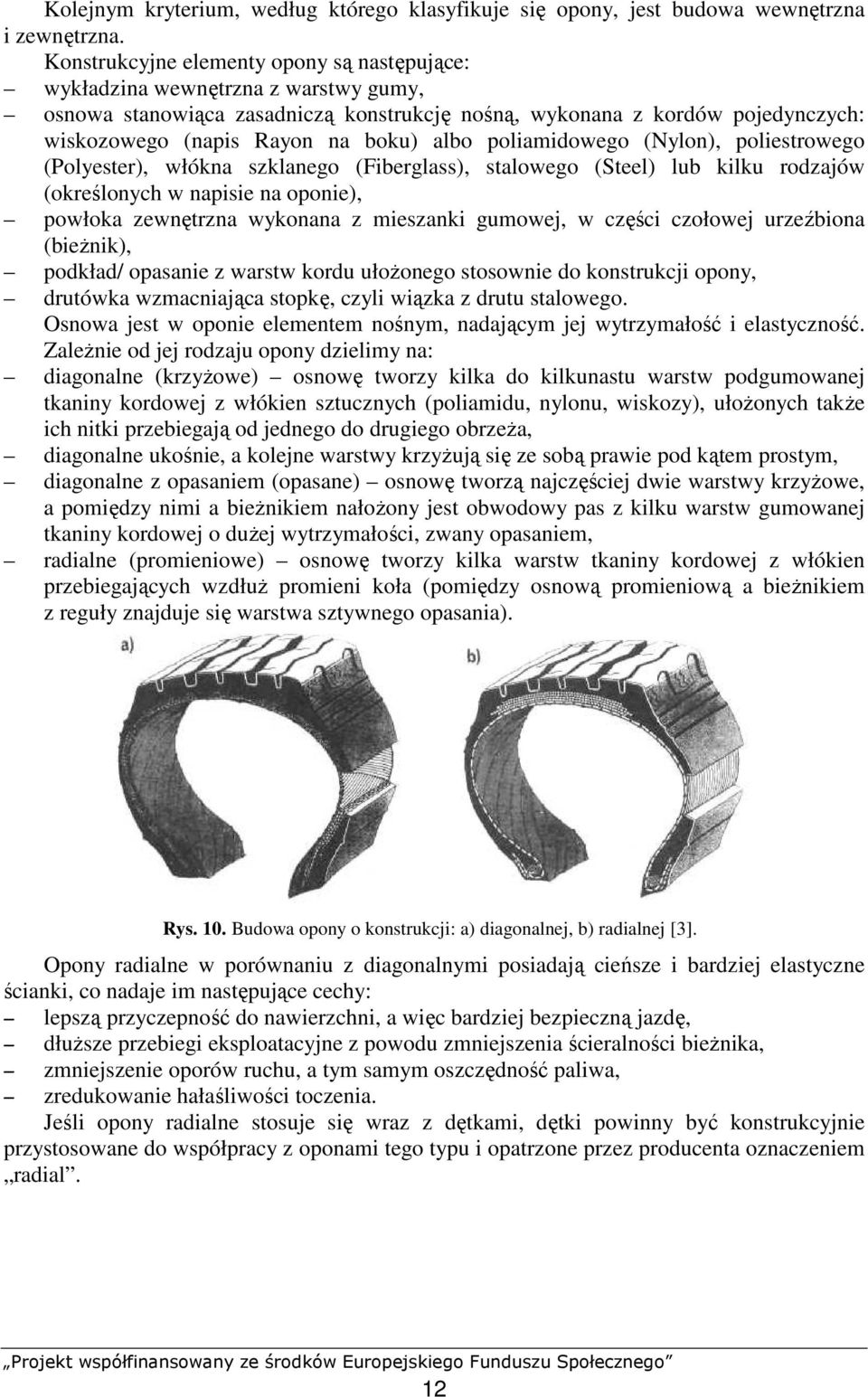 albo poliamidowego (Nylon), poliestrowego (Polyester), włókna szklanego (Fiberglass), stalowego (Steel) lub kilku rodzajów (określonych w napisie na oponie), powłoka zewnętrzna wykonana z mieszanki