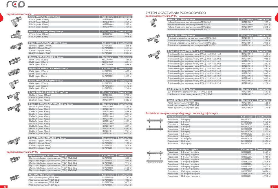 ) R172705002 30,16 zł Trójnik RURA-GW-RURA RED by Comap Kod towaru Cena kat./szt. 16x1/2"x16 (opak. 100szt.) R172706001 32,95 zł 20x1/2"x20 (opak. 50szt.) R172706002 35,11 zł 20x3/4"x20 (opak. 50szt.) R172706003 43,19 zł 26x3/4"x26 (opak.