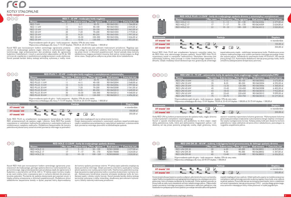 R010601007 3 853,00 zł Wyprowadzenie spalin do góry - kotły zasypowe - dopłata 10% do ceny netto Wężownica schładzająca dla mocy 7-15 kw dopłata: 750,00 zł; 20-35 kw dopłata: 1 000,00 zł Kocioł RED