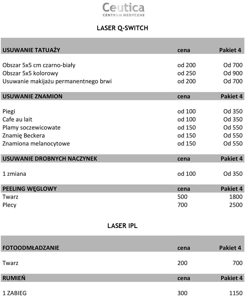 550 Znamię Beckera od 150 Od 550 Znamiona melanocytowe od 150 Od 550 USUWANIE DROBNYCH NACZYNEK cena Pakiet 4 1 zmiana od 100 Od 350 PEELING