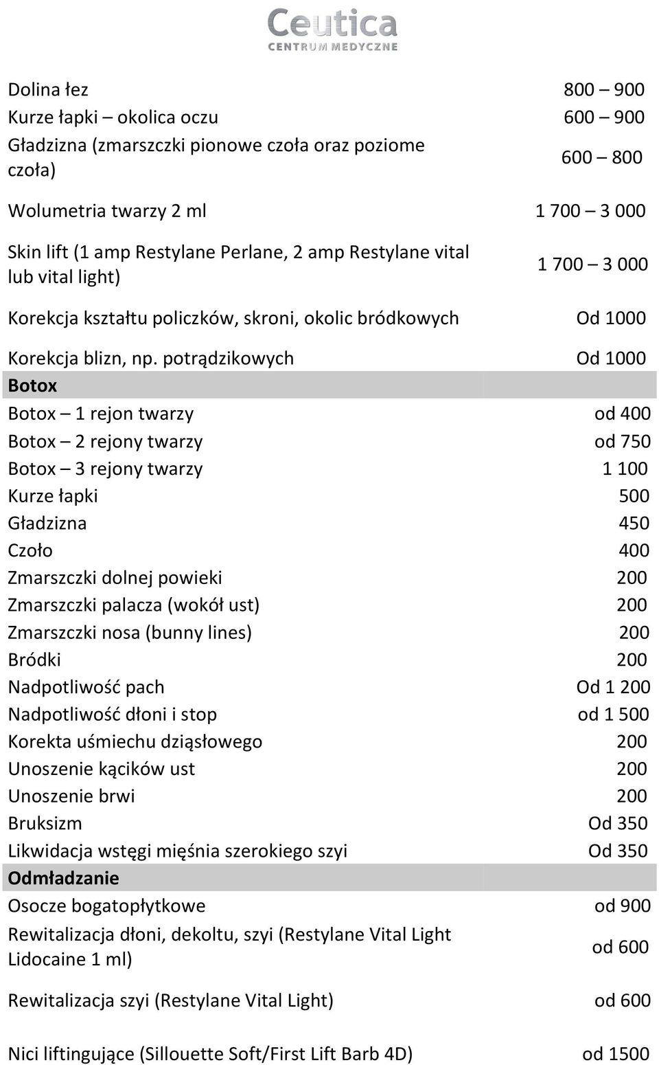 potrądzikowych Od 1000 Botox Botox 1 rejon twarzy od 400 Botox 2 rejony twarzy od 750 Botox 3 rejony twarzy 1 100 Kurze łapki 500 Gładzizna 450 Czoło 400 Zmarszczki dolnej powieki 200 Zmarszczki