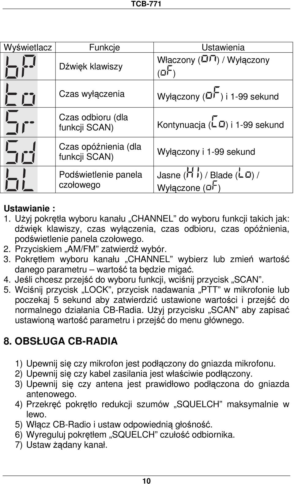 Użyj pokrętła wyboru kanału CHANNEL do wyboru funkcji takich jak: dźwięk klawiszy, czas wyłączenia, czas odbioru, czas opóźnienia, podświetlenie panela czołowego. 2. Przyciskiem AM/FM zatwierdź wybór.