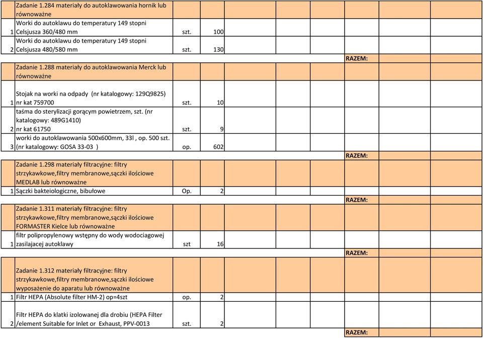 288 materiały do autoklawowania Merck lub Stojak na worki na odpady (nr katalogowy: 129Q9825) 1 nr kat 759700 szt. 10 taśma do sterylizacji gorącym powietrzem, szt.