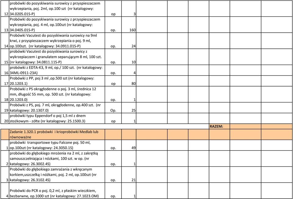 01S-P) op. 24 probówki Vacutest do pozyskiwania surowicy z wykrzepiaczem i granulatem separującym 8 ml, 100 szt. 15 (nr katalogowy: 34.0811.11S-P) op. 10 probówki z EDTA-K3, 9 ml, op./ 100 szt.