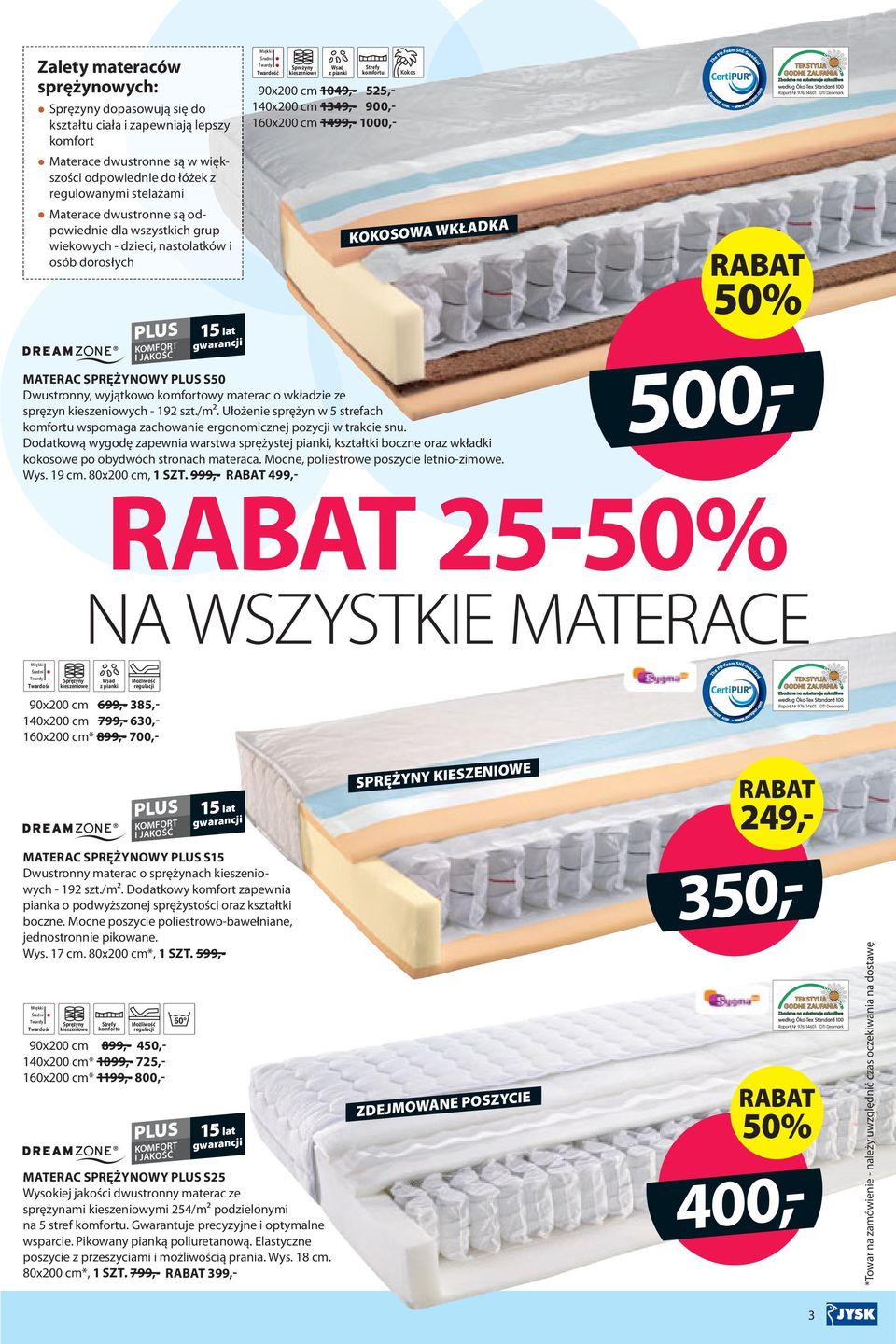 SPRĘŻYNOWY S0 Dwustronny, wyjątkowo komfortowy materac o wkładzie ze sprężyn kieszeniowych - 9 szt./m². Ułożenie sprężyn w strefach komfortu wspomaga zachowanie ergonomicznej pozycji w trakcie snu.
