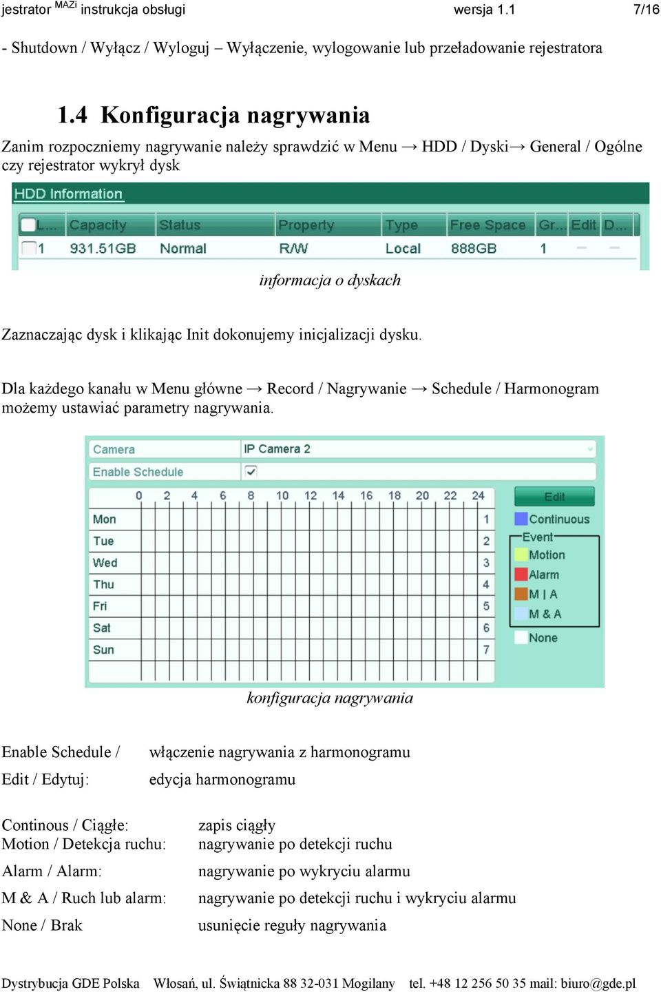 dokonujemy inicjalizacji dysku. Dla każdego kanału w Menu główne Record / Nagrywanie Schedule / Harmonogram możemy ustawiać parametry nagrywania.