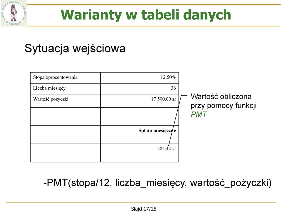 obliczona przy pomocy funkcji PMT Spłata miesięczne 585.