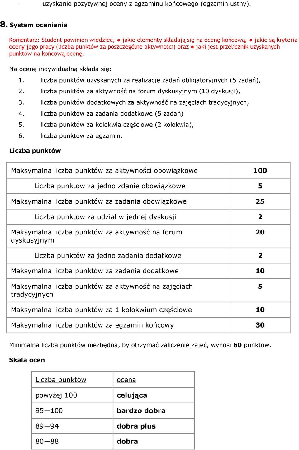 przelicznik uzyskanych punktów na końcową ocenę.