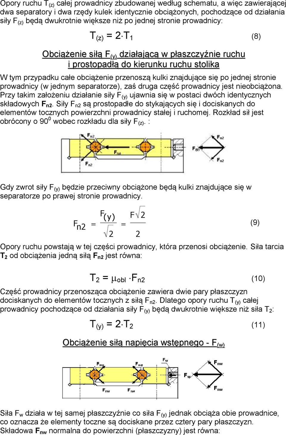 jednej stronie prowadnicy (w jednym separatorze), zaś druga część prowadnicy jest nieobciążona. Przy taim założeniu działanie siły (y) ujawnia się w postaci dwóch identycznych sładowych n2.