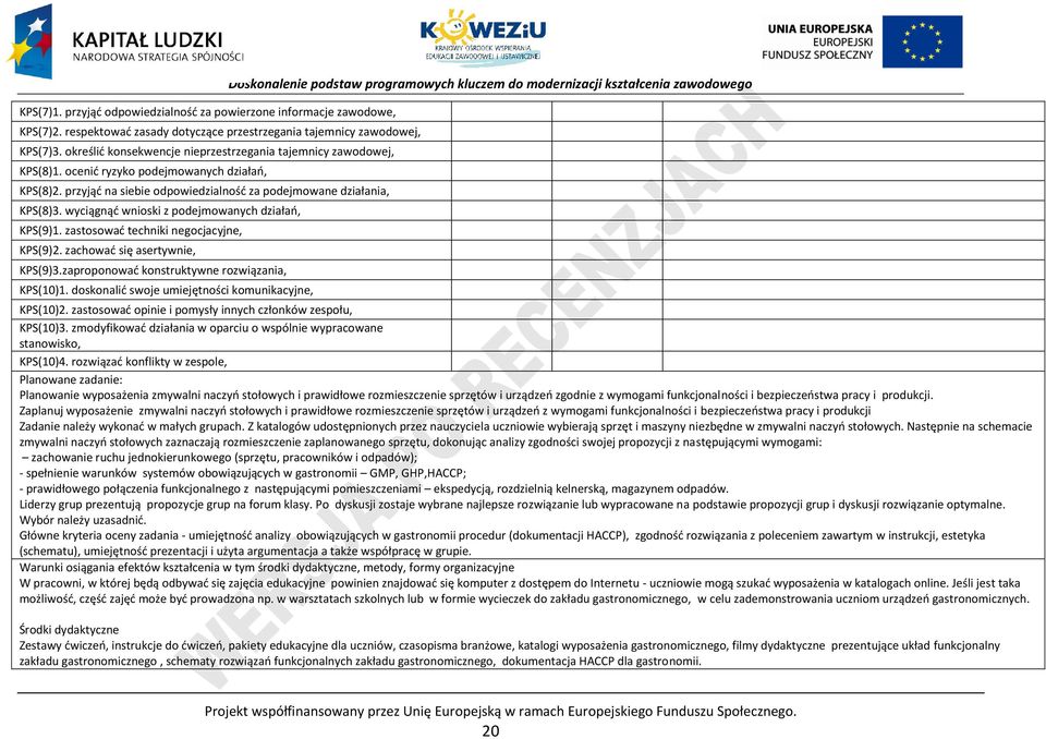 wyciągnąć wnioski z podejmowanych działań, KS(9)1. zastosować techniki negocjacyjne, KS(9)2. zachować się asertywnie, KS(9)3.zaproponować konstruktywne rozwiązania, KS(10)1.