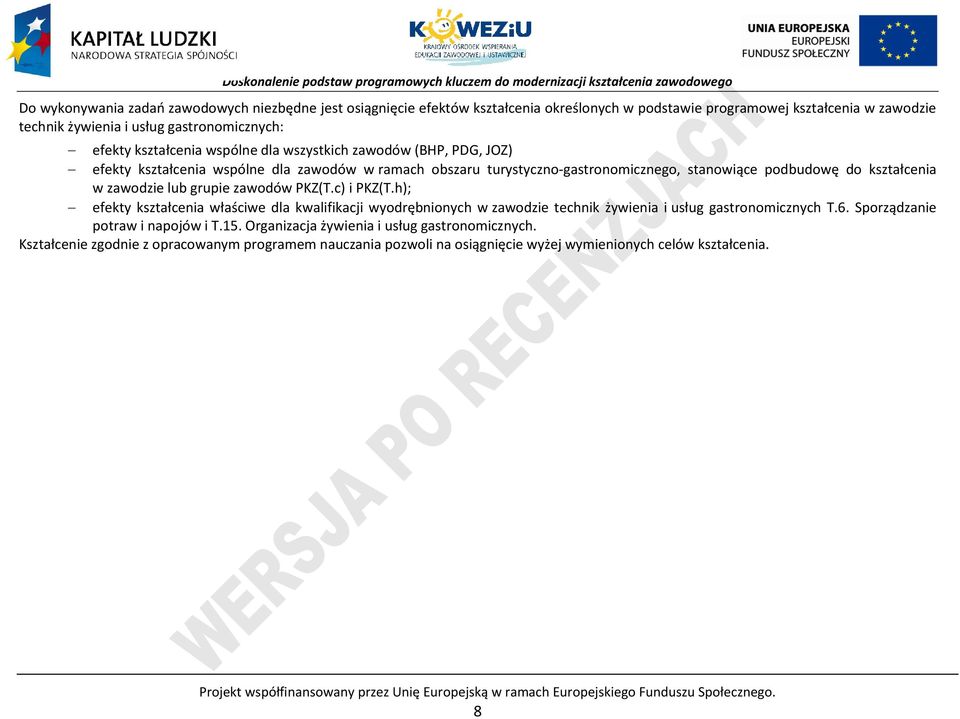 KZ(T.c) i KZ(T.h); efekty kształcenia właściwe dla kwalifikacji wyodrębnionych w zawodzie technik żywienia i usług gastronomicznych T.6. Sporządzanie potraw i napojów i T.15.