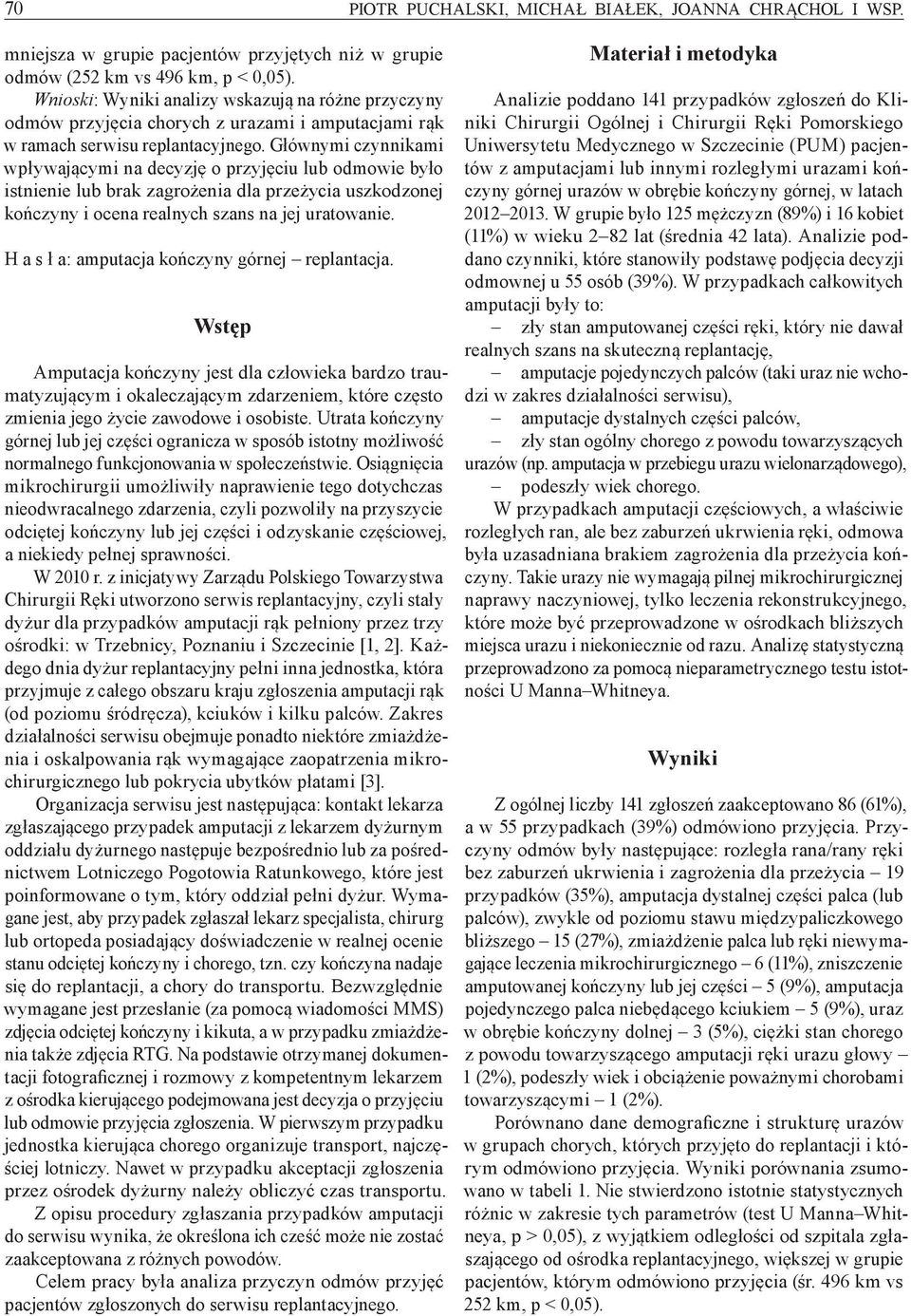 Głównymi czynnikami wpływającymi na decyzję o przyjęciu lub odmowie było istnienie lub brak zagrożenia dla przeżycia uszkodzonej kończyny i ocena realnych szans na jej uratowanie.