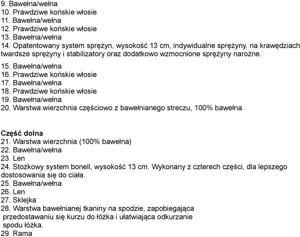 Prawdziwe końskie włosie 17. Bawełna/wełna 18. Prawdziwe końskie włosie 19. Bawełna/wełna 20. Warstwa wierzchnia częściowo z bawełnianego streczu, 100% bawełna Część dolna 21.