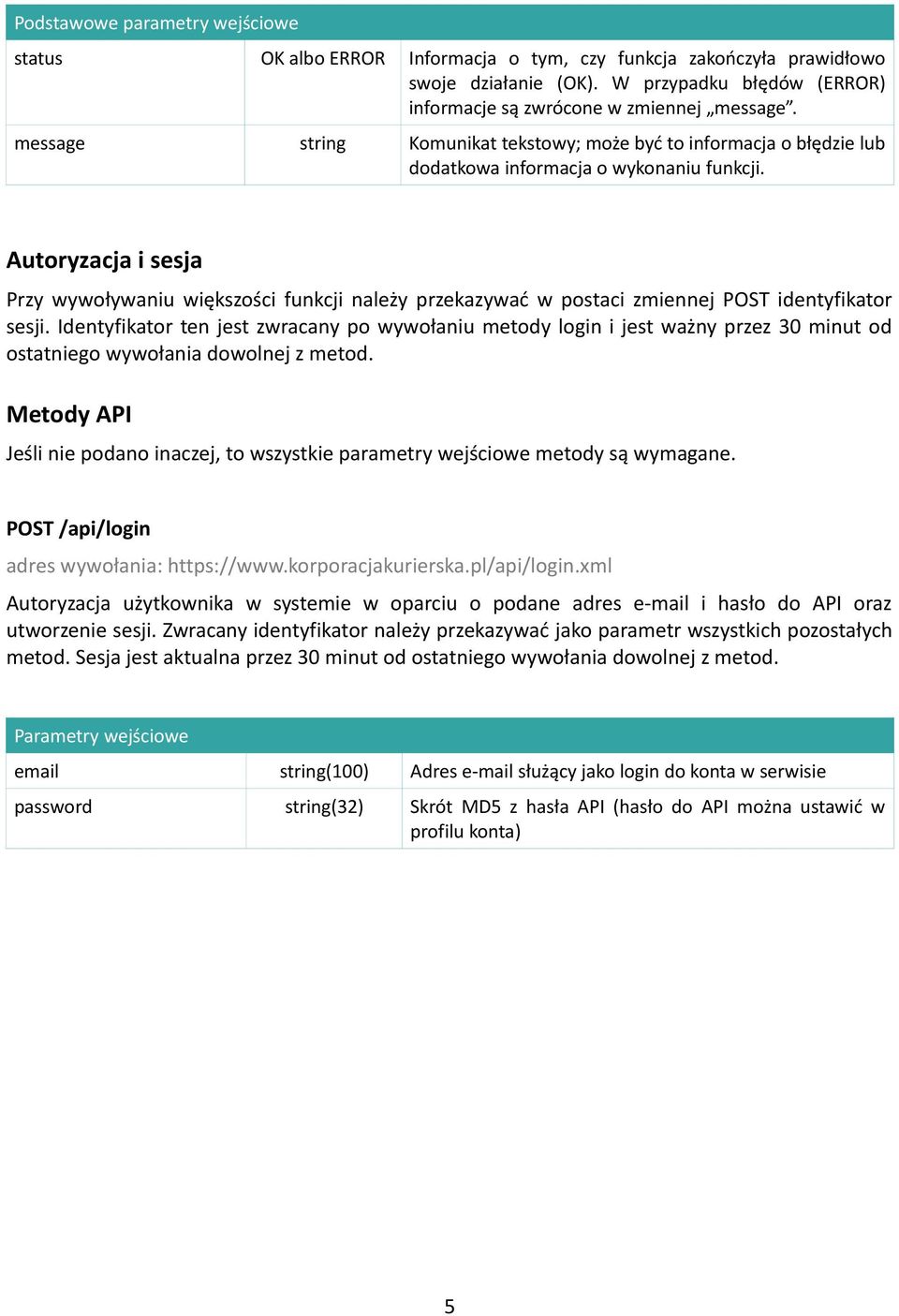 Metody API Jeśli nie podano inaczej, to wszystkie parametry wejściowe metody są wymagane. POST /api/login adres wywołania: https://www.korporacjakurierska.pl/api/login.