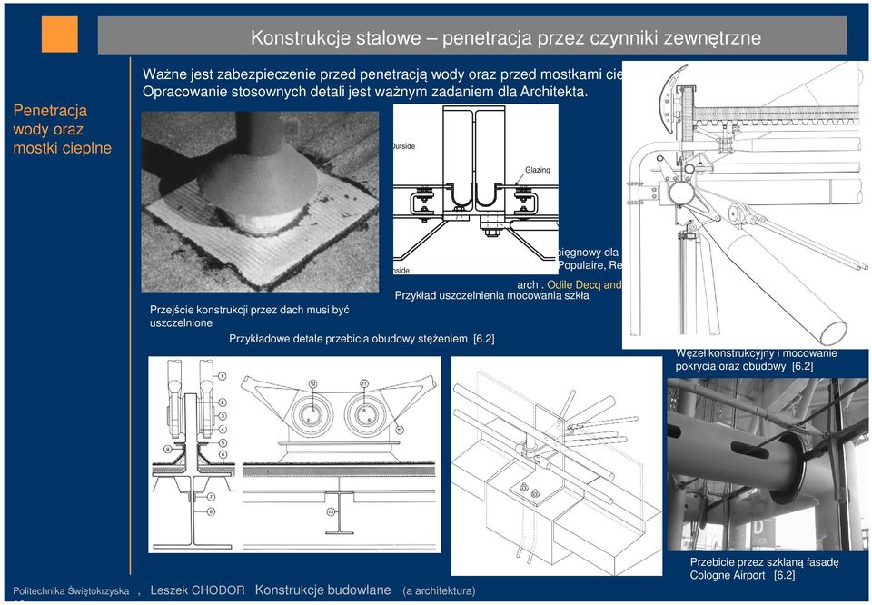 2] System cięgnowy dla podwójnej szklanej fasady Banque Populaire, Rennes, France arch. Odile Decq and Benoit Cornete [6.2]. Przykład uszczelnienia mocowania szkła Węzeł konstrukcyjny i mocowanie pokrycia oraz obudowy [6.
