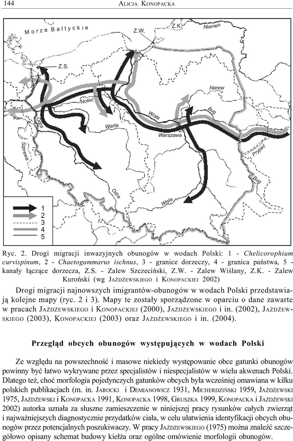 Drogi migracji inwazyjnych obunogów w wodach Polski: 1 - Chelicorophium curvispinum, 2 - Chaetogammarus ischnus, 3 - granice dorzeczy, 4 - granica pañstwa, 5 - kana³y ³¹cz¹ce dorzecza, Z.S.
