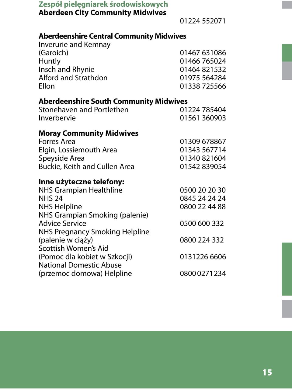 Midwives Forres Area 01309 678867 Elgin, Lossiemouth Area 01343 567714 Speyside Area 01340 821604 Buckie, Keith and Cullen Area 01542 839054 Inne użyteczne telefony: NHS Grampian Healthline 0500 20
