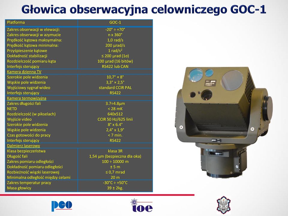 Wyjście video Szerokie pole widzenia Wąskie pole widzenia Czas gotowości do pracy Interfejs sterujący Dalmierz laserowy Klasa bezpieczeństwa Długość fali Zakres pomiaru odległości Dokładność pomiaru