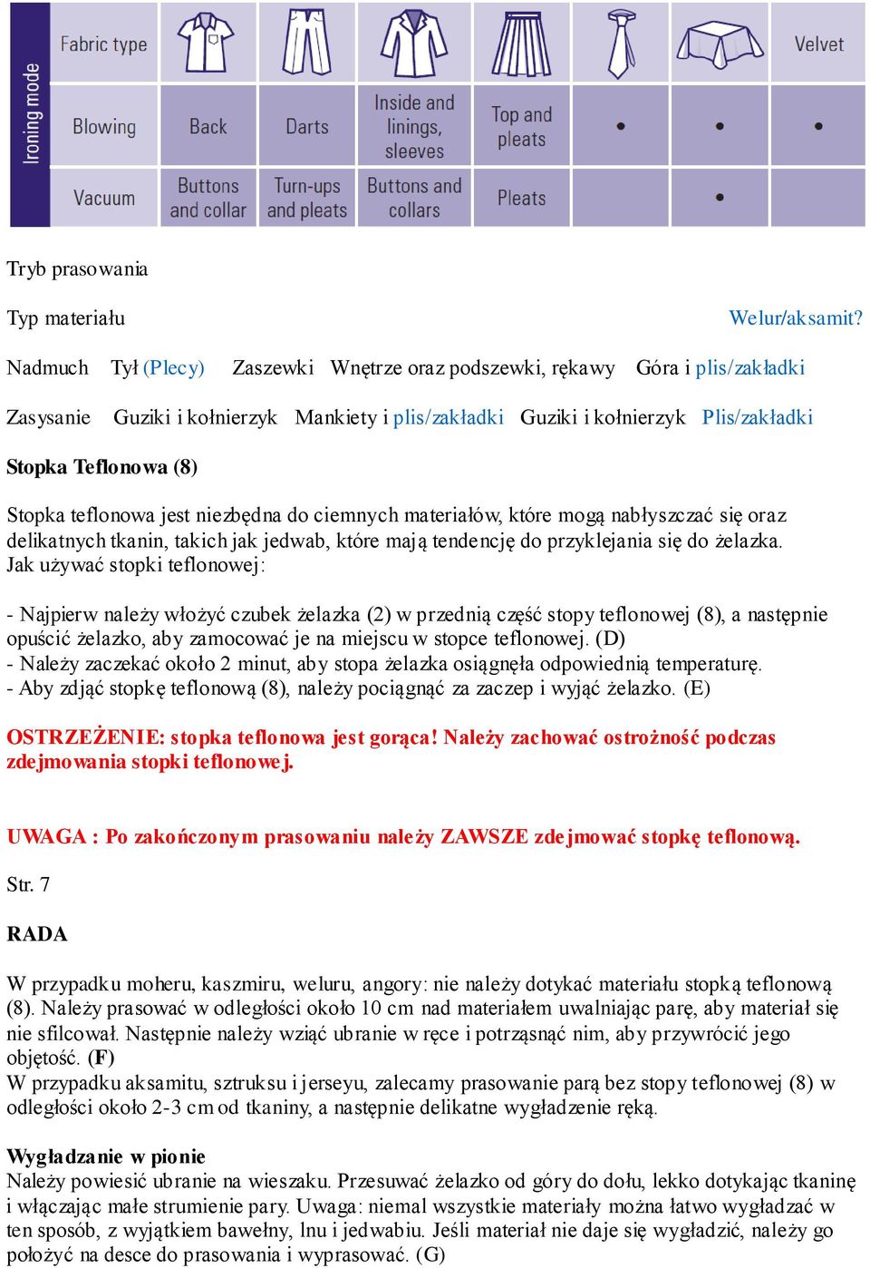 teflonowa jest niezbędna do ciemnych materiałów, które mogą nabłyszczać się oraz delikatnych tkanin, takich jak jedwab, które mają tendencję do przyklejania się do żelazka.