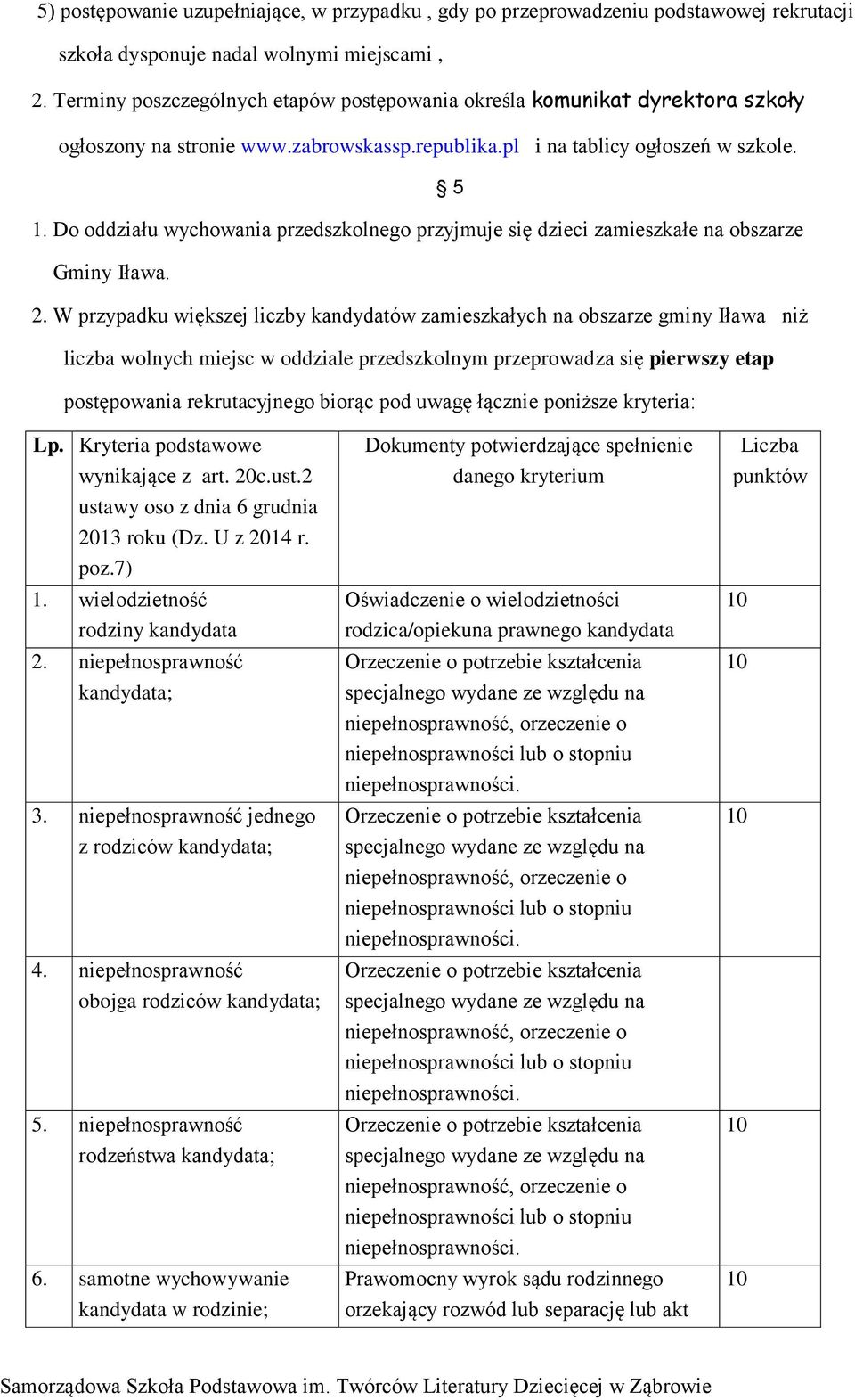 Do oddziału wychowania przedszkolnego przyjmuje się dzieci zamieszkałe na obszarze Gminy Iława. 2.
