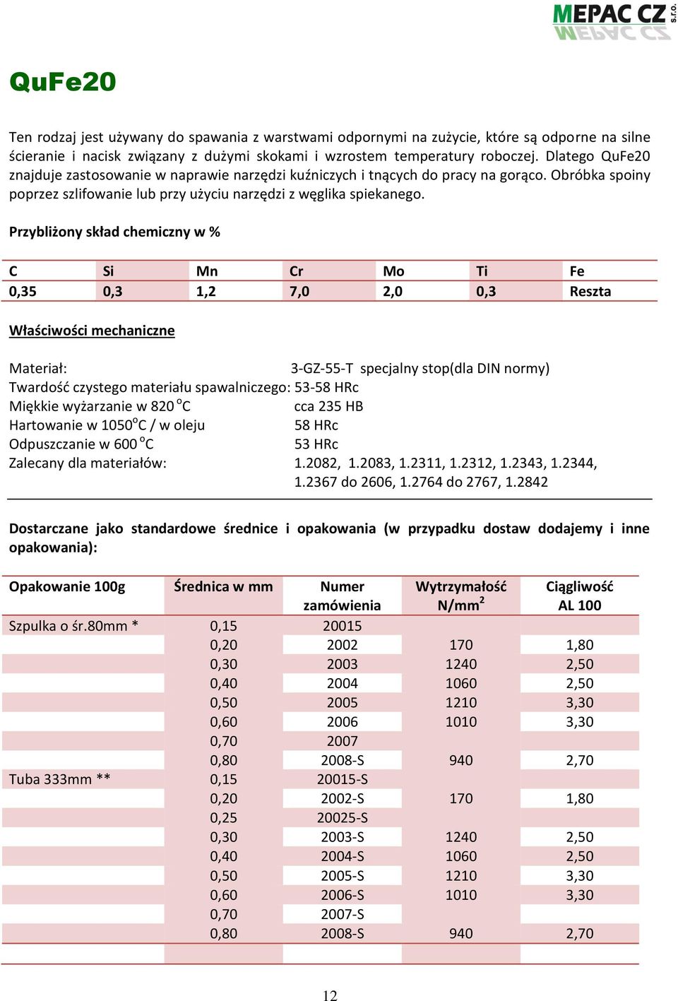 C Si Mn Cr Mo Ti Fe 0,35 0,3 1,2 7,0 2,0 0,3 Reszta 3-GZ-55-T specjalny stop(dla DIN normy) Twardość czystego materiału spawalniczego: 53-58 HRc Miękkie wyżarzanie w 820 o C cca 235 HB Hartowanie w