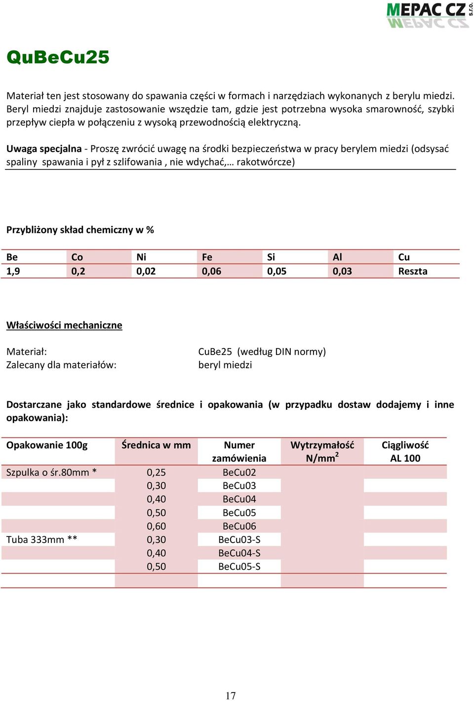 Uwaga specjalna - Proszę zwrócić uwagę na środki bezpieczeństwa w pracy berylem miedzi (odsysać spaliny spawania i pył z szlifowania, nie wdychać, rakotwórcze) Be Co Ni Fe