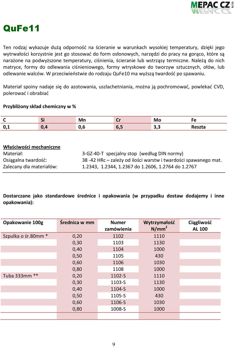 Należą do nich matryce, formy do odlewania ciśnieniowego, formy wtryskowe do tworzyw sztucznych, ołów, lub odlewanie walców. W przeciwieństwie do rodzaju QuFe10 ma wyższą twardość po spawaniu.