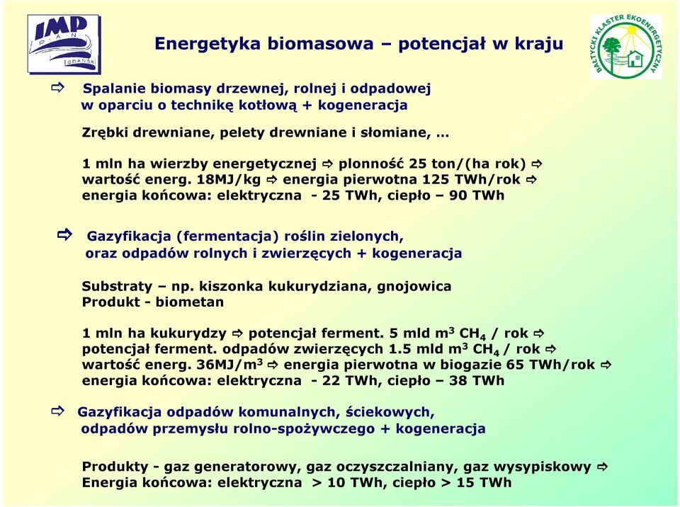 18MJ/kg energia pierwotna 125 TWh/rok energia końcowa: elektryczna - 25 TWh, ciepło 90 TWh Gazyfikacja (fermentacja) roślin zielonych, oraz odpadów rolnych i zwierzęcych + kogeneracja Substraty np.