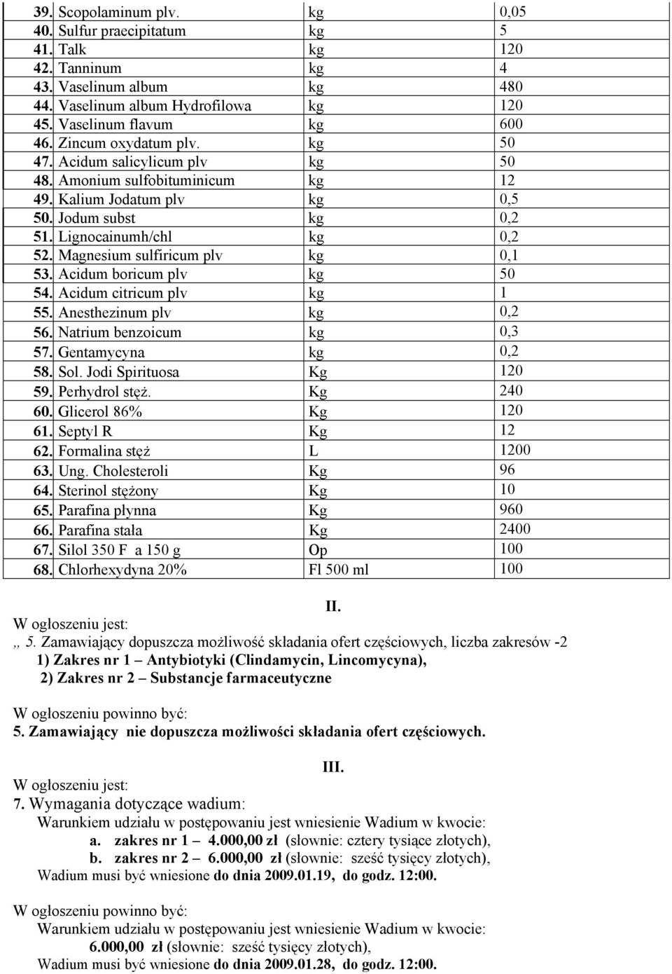 Magnesium sulfiricum plv kg 0,1 53. Acidum boricum plv kg 50 54. Acidum citricum plv kg 1 55. Anesthezinum plv kg 0,2 56. Natrium benzoicum kg 0,3 57. Gentamycyna kg 0,2 58. Sol.