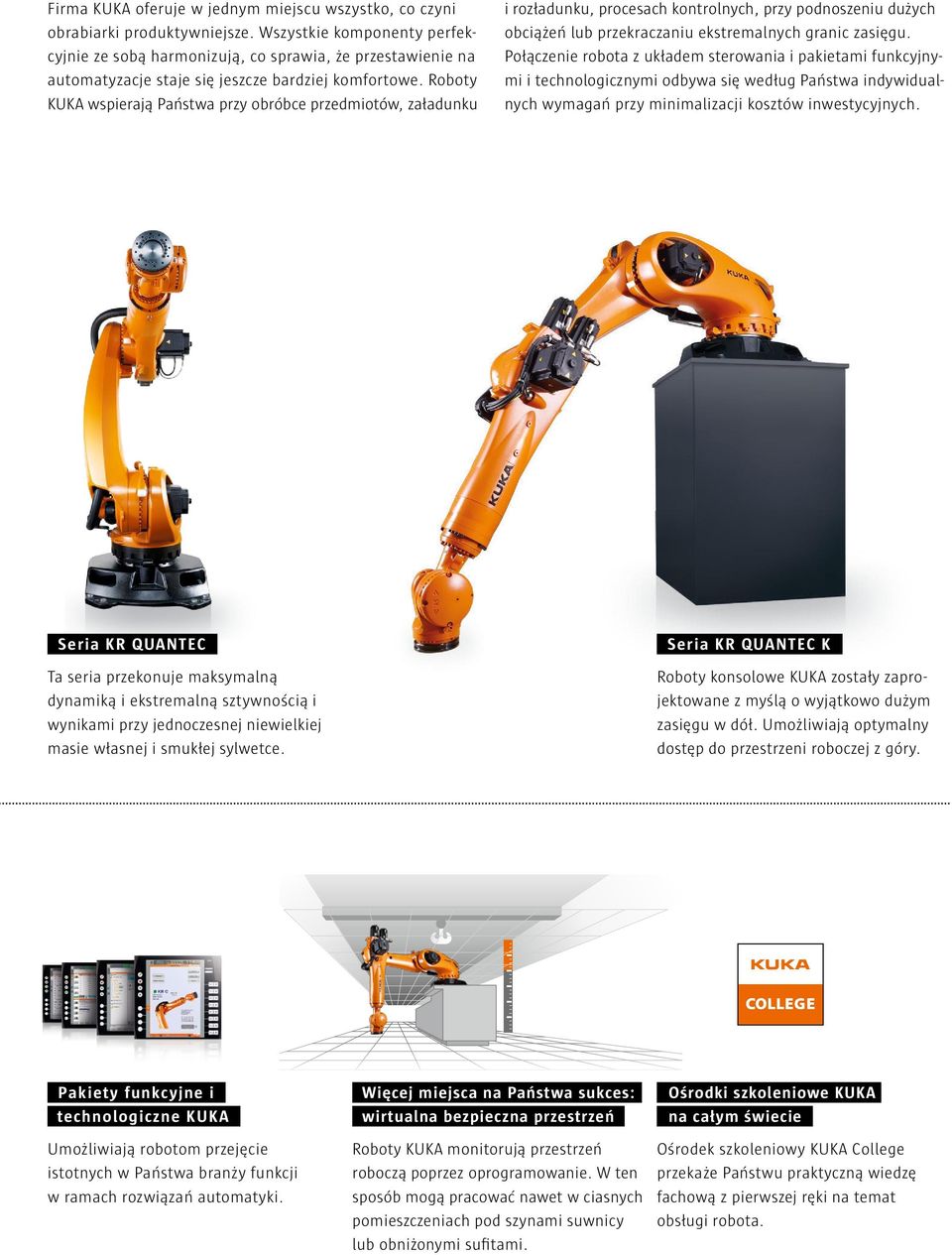 Roboty KUKA wspierają Państwa przy obróbce przedmiotów, załadunku i rozładunku, procesach kontrolnych, przy podnoszeniu dużych obciążeń lub przekraczaniu ekstremalnych granic zasięgu.